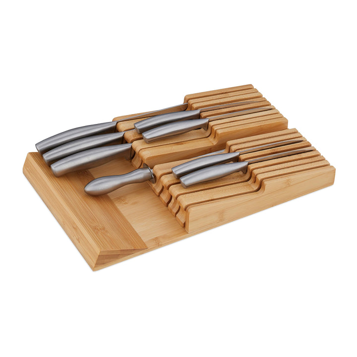 Relaxdays Messerhalter Schublade, für 9 Messer & Wetzstahl, Bambus Messerblock liegend, HxBxT: 5,5 x