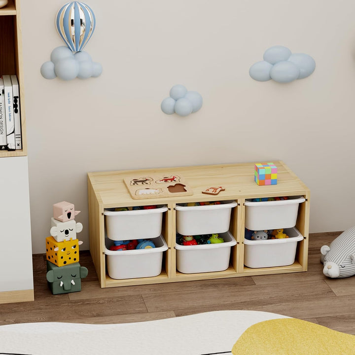 Montessori-Spielzeugregal aus Massivholz zur Wandmontage mit 6 Fächern, Spielzeugablage mit Ablagefl
