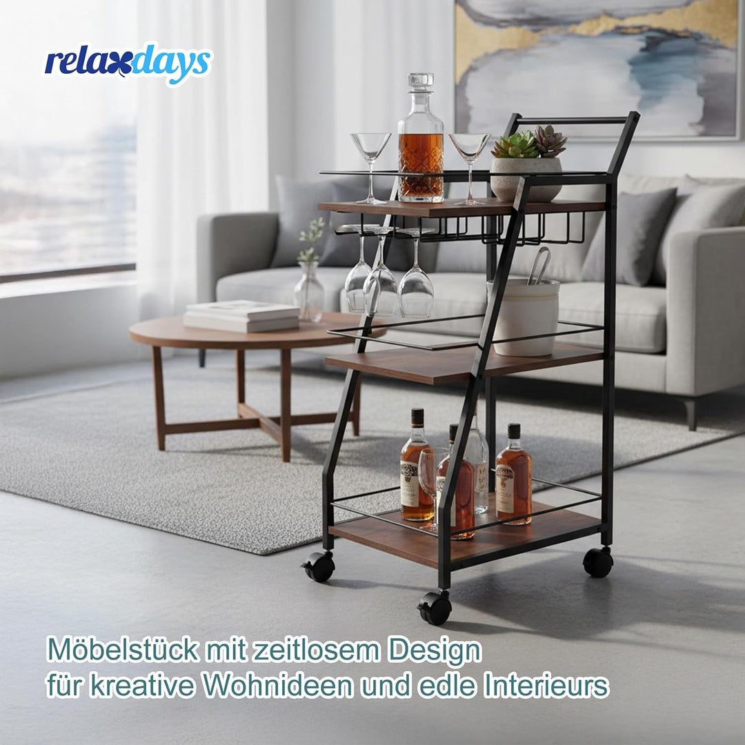 Relaxdays Küchenwagen, 3 Ebenen, Gläserhalter, Industrial, Rollwagen Küche, HBT 83x39x29 cm, Servier