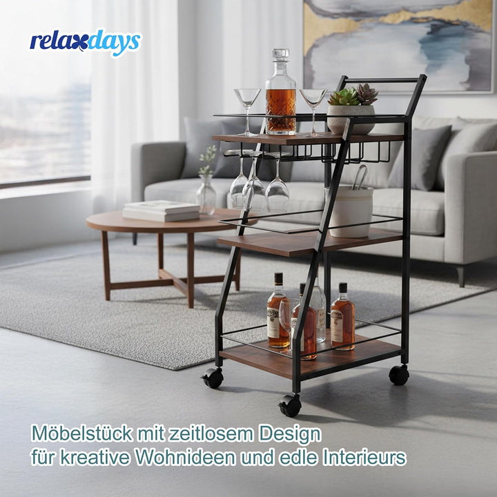 Relaxdays Küchenwagen, 3 Ebenen, Gläserhalter, Industrial, Rollwagen Küche, HBT 83x39x29 cm, Servier