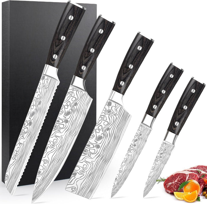 Kochmesser Set 5pcs aus Hochwertigem Edelstahl Profi Küchenmesser Set mit Kochmesser Brotmesser Naki