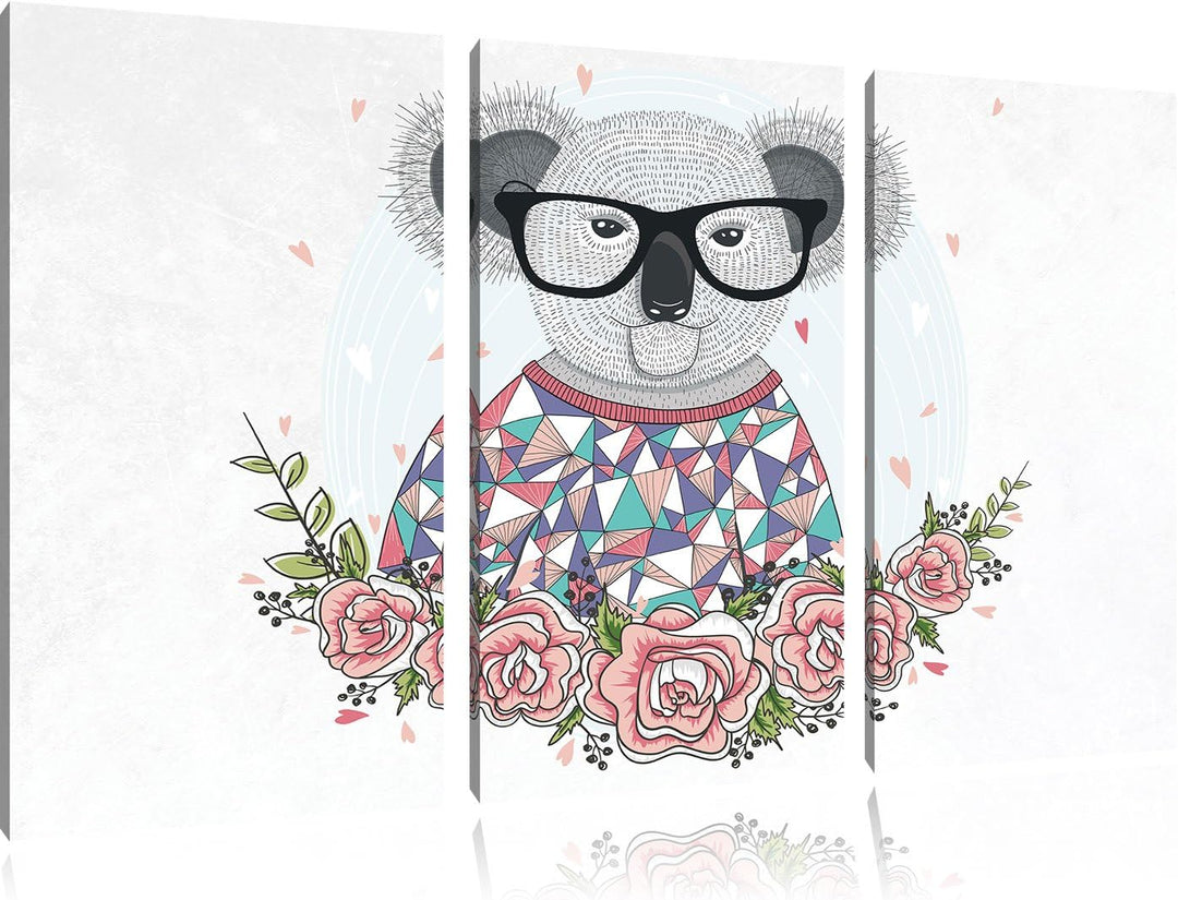 Pixxprint Hipster Koala mit Rosen weiss 3-Teiler Leinwandbild 120x80 Bild auf Leinwand