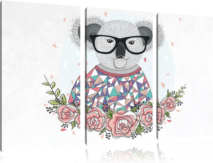 Pixxprint Hipster Koala mit Rosen weiss 3-Teiler Leinwandbild 120x80 Bild auf Leinwand