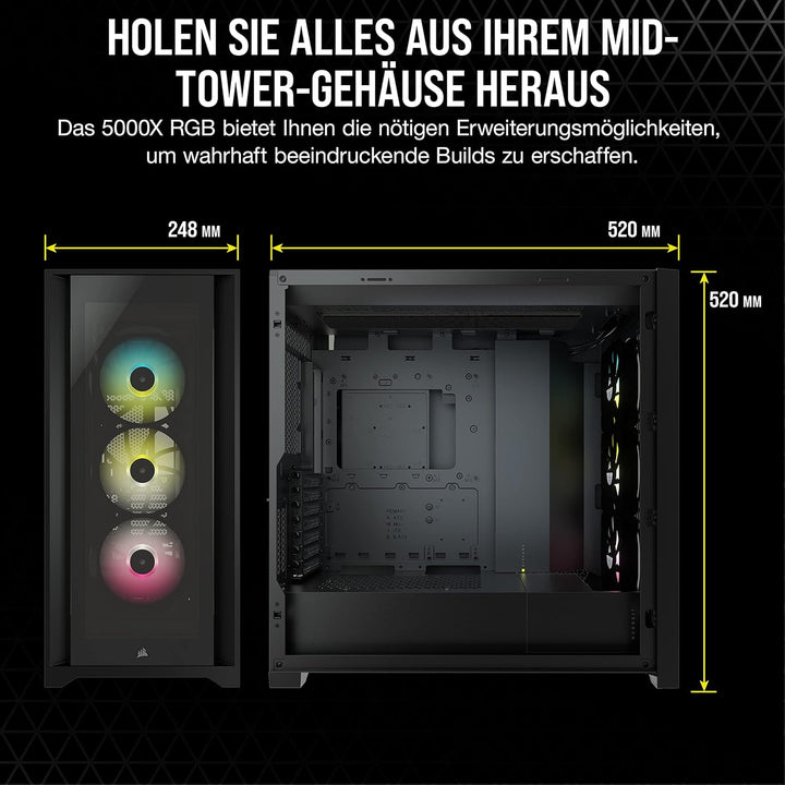 Corsair iCUE 5000X RGB Mid-Tower-ATX-PC-Smart-Gehäuse mit Gehärtetem Glas (Vier Paneele aus Gehärtet