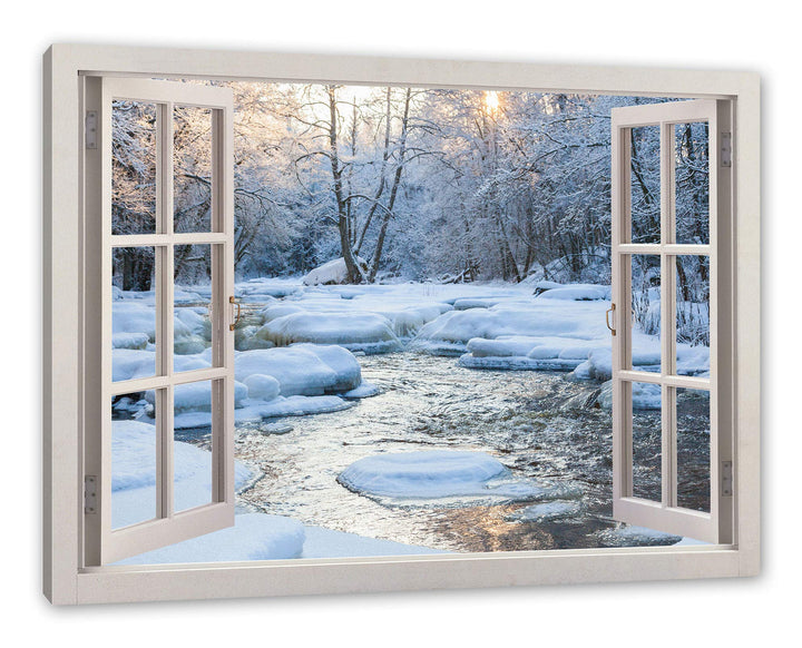 Pixxprint Bach in Winterlandschaft, Fenster Leinwandbild | Grösse: 100x70 cm | Wandbild | Kunstdruck