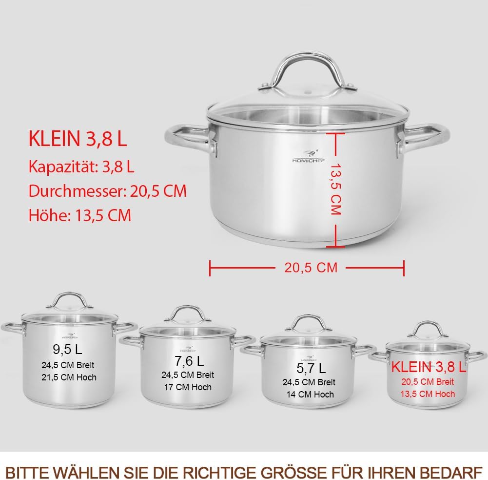 HOMICHEF Kleiner Suppentopf aus nickelfreiem Edelstahl (20,5 cm 3,8 Liter) - Spiegelpolierter Edelst