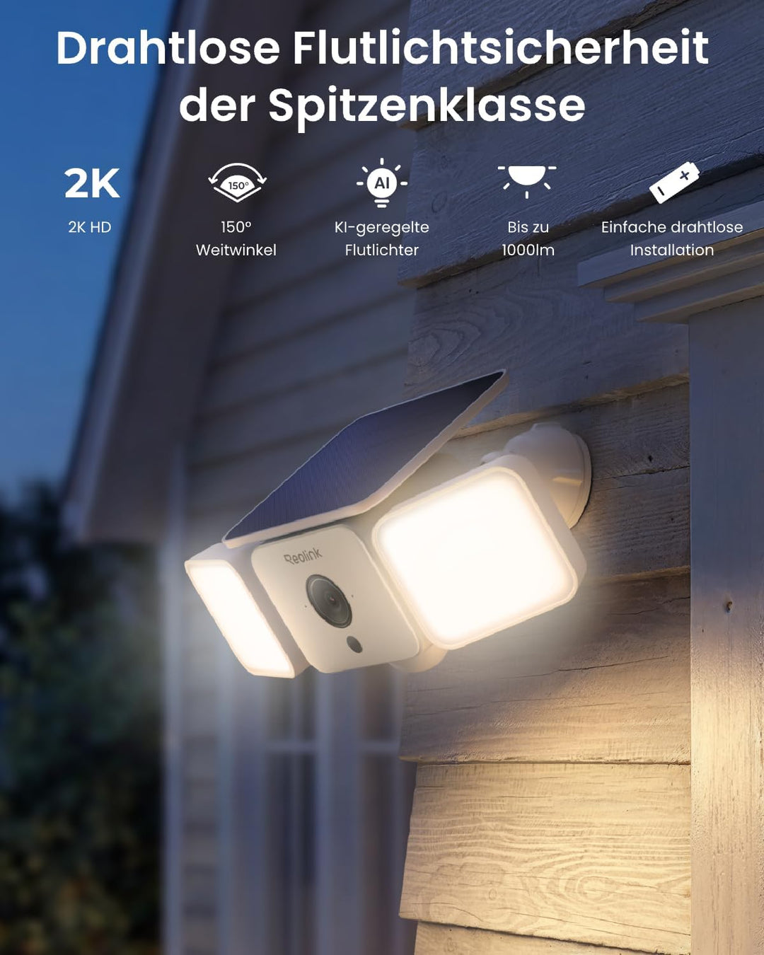 Reolink 2K Überwachungskamera Aussen Solar Akku, 150°Ansicht, bis zu 1000 lm Licht & Sirenenalarm, K