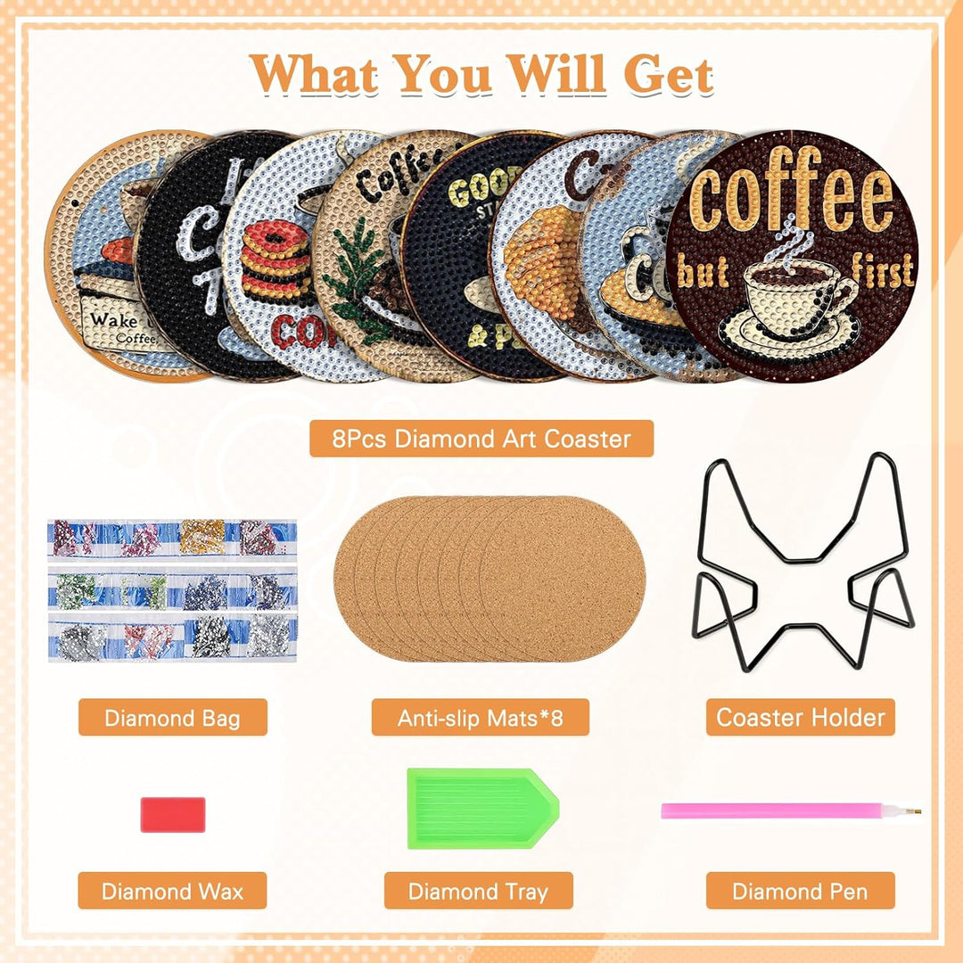 NAIMOER 8 Stück Kaffee Diamond Painting Untersetzer mit Halter, DIY Lowtea Diamant Tassenuntersetzer