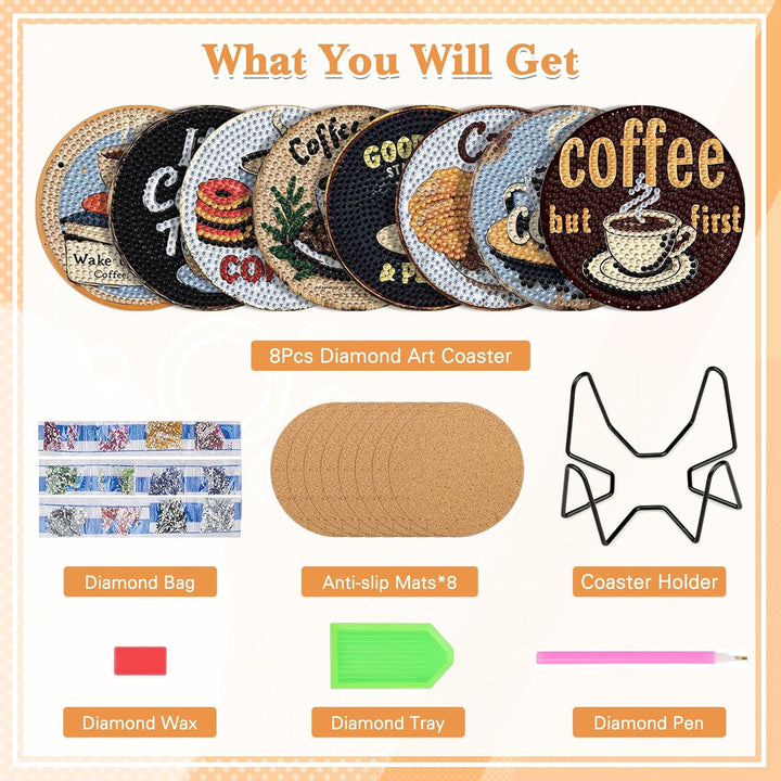 NAIMOER 8 Stück Kaffee Diamond Painting Untersetzer mit Halter, DIY Lowtea Diamant Tassenuntersetzer