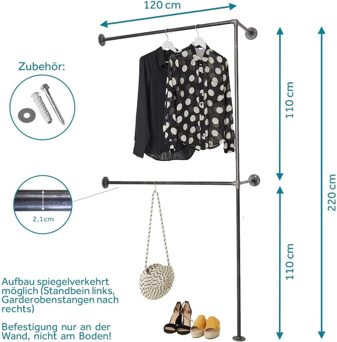 Various Garderobe für die Ecke - div. Grössen, z.B. 120 x 220 cm - Industrial Design Kleiderstange d