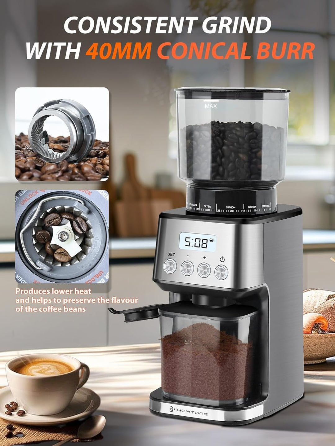 Homtone Kaffeemühle Elektrisch für Siebträger und Behälter, 51 Mahlstufen Kaffeemühle Siebträger Ele