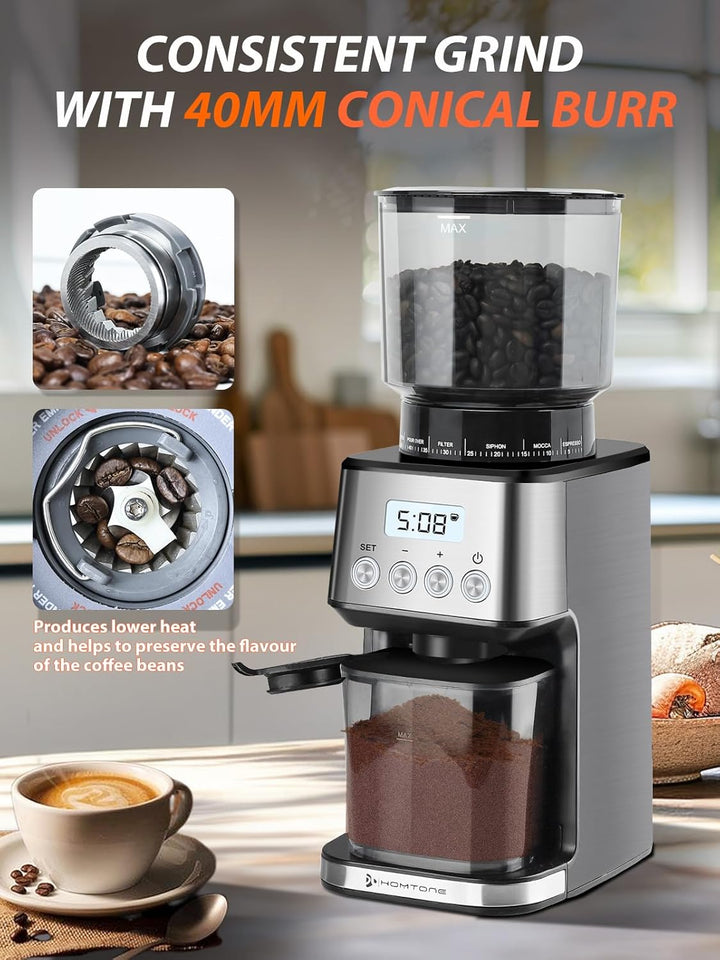 Homtone Kaffeemühle Elektrisch für Siebträger und Behälter, 51 Mahlstufen Kaffeemühle Siebträger Ele