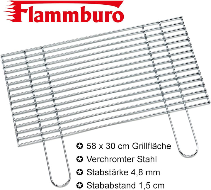 FLAMMBURO Grillroste eckig 58x30 cm - In verschiedenen Grössen erhältlich, aus verchromtem Stahl, St