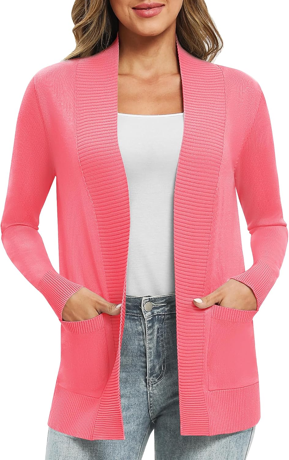 Damen Lange Ärmel Gestrickt Strickjacke Leicht Gemütlich Offene Vorderseite Lange Freizeitjacke mit