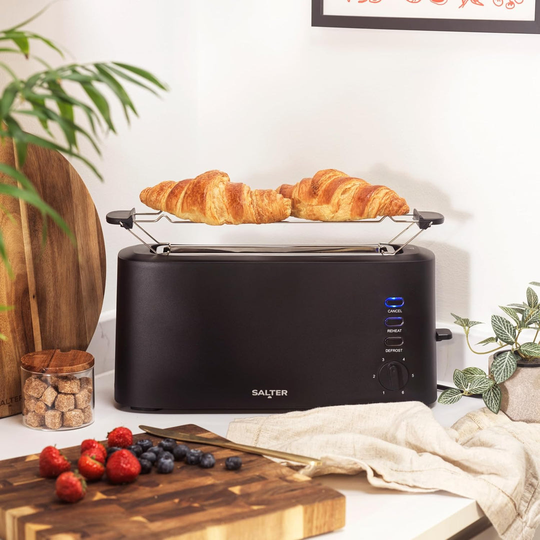 Salter Dusk Langschlitz 2-Scheiben-Toaster – Inklusive Aufwärmgestell, 6 Bräunungsstufen, Auftau-, A