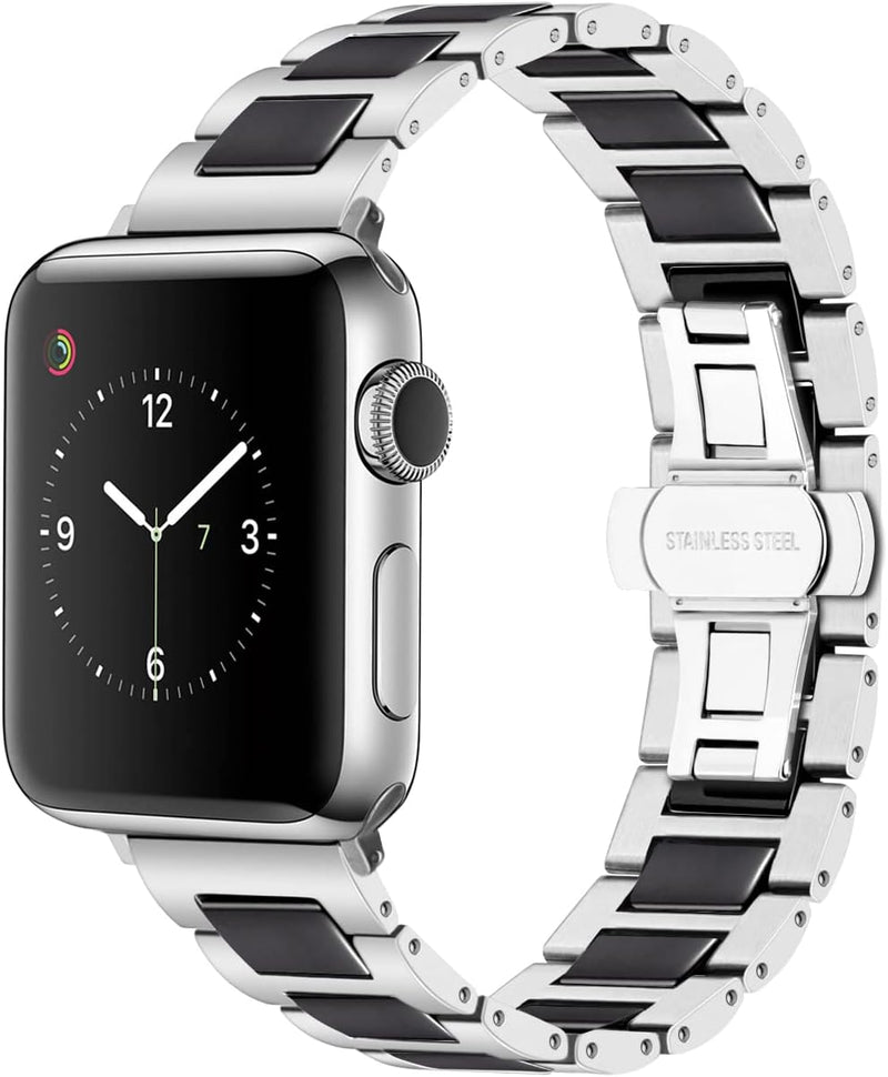 YISIWERA 49mm 45mm 44mm 42mm Armband Kompatibel für Apple Watch Schwarze Keramik Silber Metall Armba