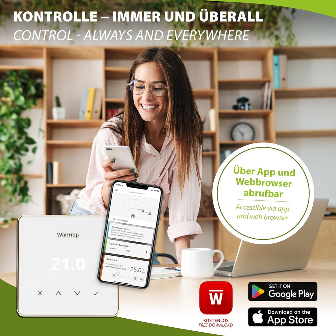 Warmup Element Smart WiFi Thermostat Raumregler für Fussbodenheizung, Elektro Heizung, Farbe: Weiss,