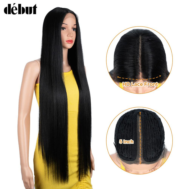 DÉBUT Lace Front Perücke Super lange Glatte Perücke für Damen 95 cm 260g Kunsthaar Hitzebeständige F
