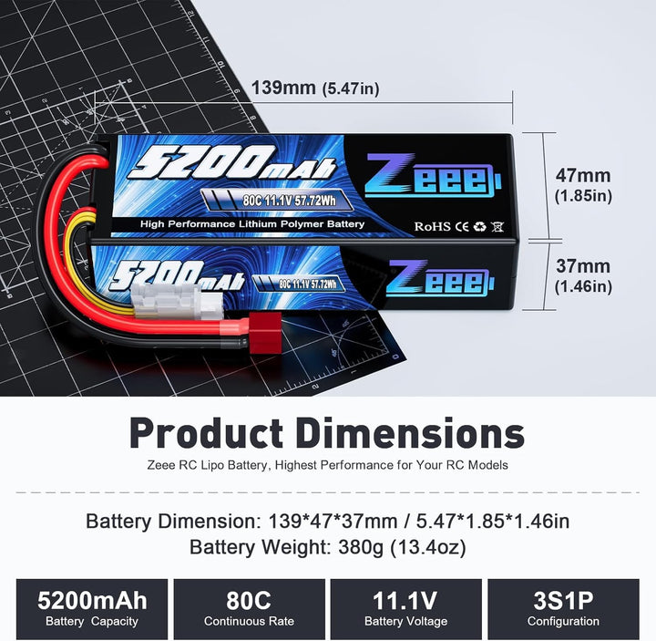 Zeee 3S LiPo Akku 11,1V 80C 5200mAh Hardcase Batterie mit T Stecker für RC Auto, RC Flugzeug, RC Hub