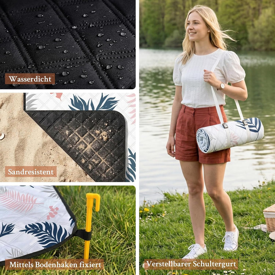 TXBOBECO Picknickdecke 200x200cm XXL, Stranddecke Wasserdicht Sandfrei, Outdoor Camping Decke mit Tr