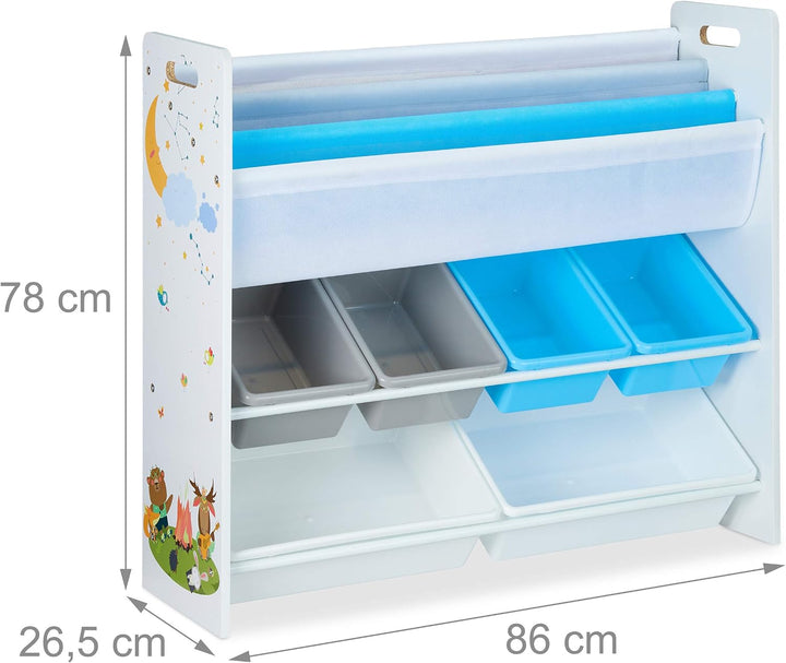 Relaxdays Kinderregal, 6 Boxen, 4 Stofffächer, Lagerfeuer Kindermotiv, Spielzeugregal HxBxT: 78 x 86