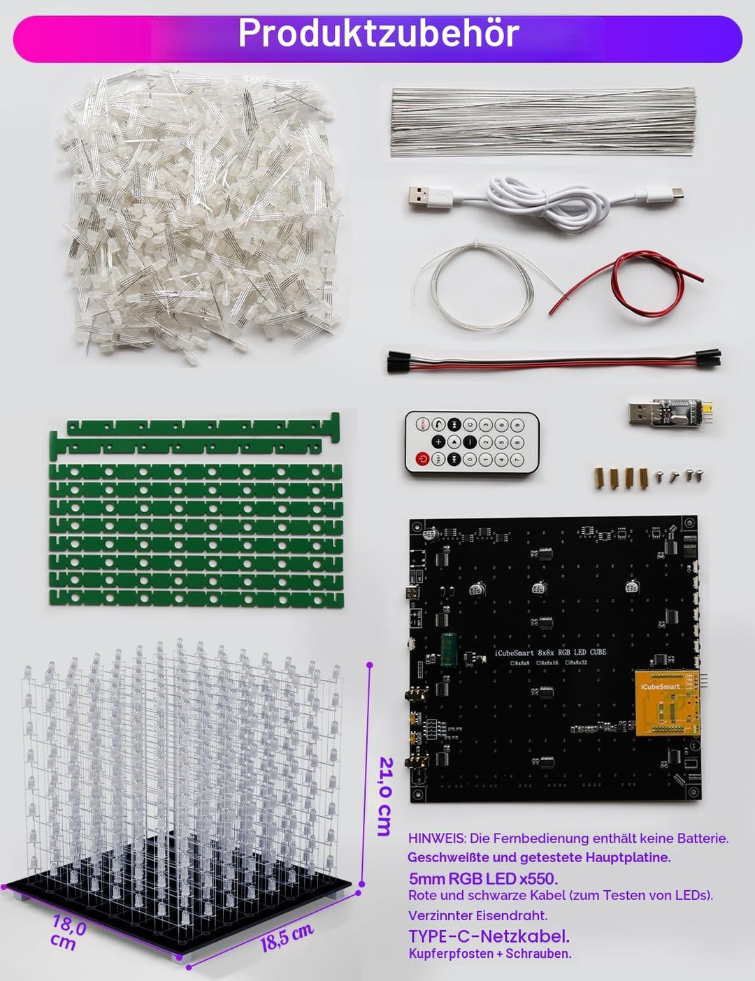 iCubeSmart 3D8RGB-KIT LED-Würfel-Set, DIY-Elektronik-Set, 8 x 8 x 8, LED-Lichtwürfel, DIY-Lötprojekt