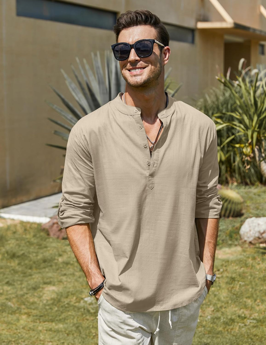 COOFANDY Hemd Herren Langarm Leinenhemd Baumwolle Henley Shirt Casual Regular Fit Sommerhemd S Khaki