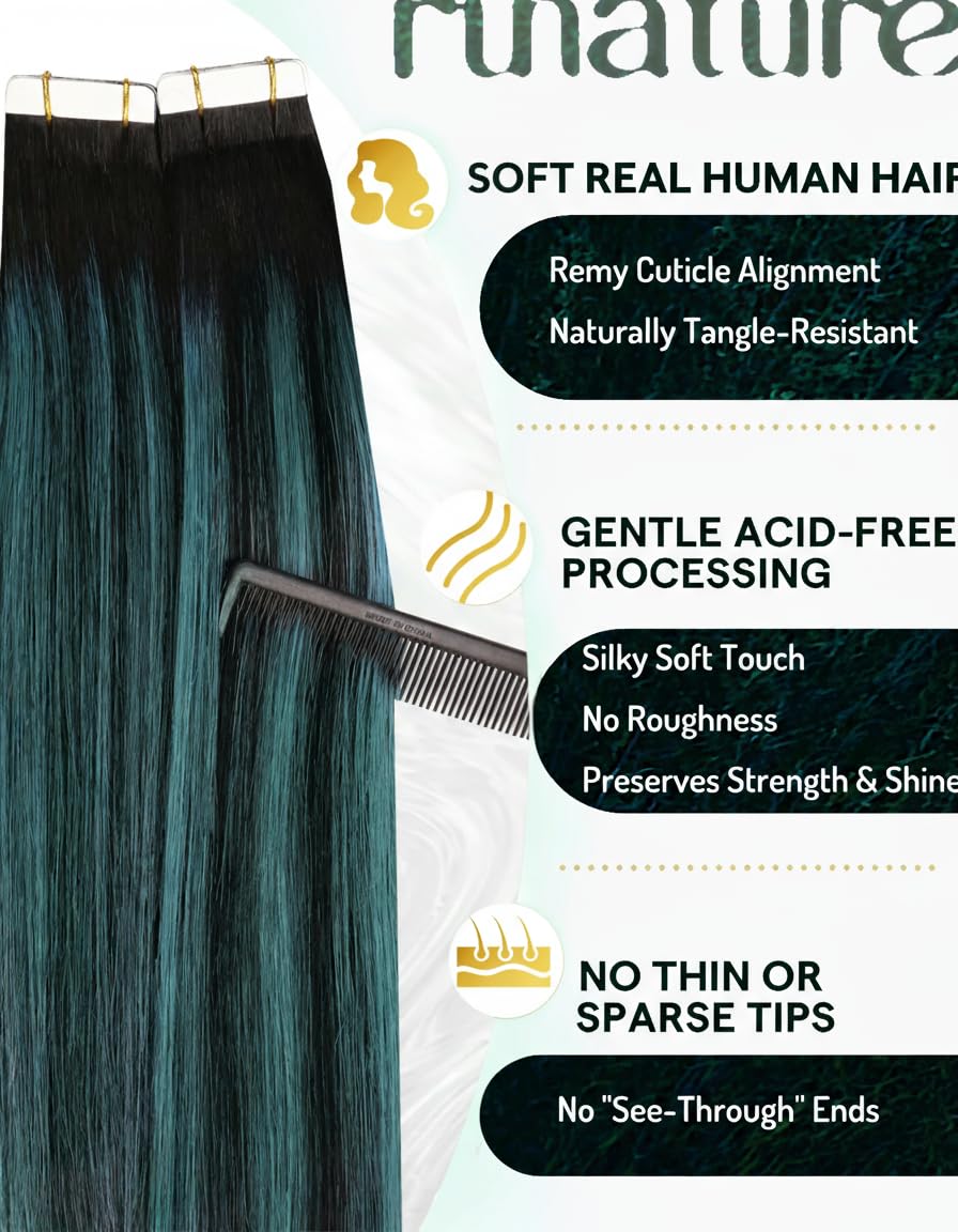 RUNATURE Tape Extensions Echthaar Schwarz Ombre Grün 40cm Teal Balayage Echte Haare Tape in Echthaar