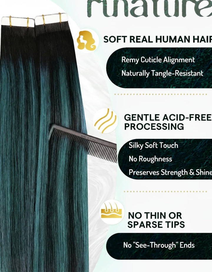 RUNATURE Tape Extensions Echthaar Schwarz Ombre Grün 40cm Teal Balayage Echte Haare Tape in Echthaar