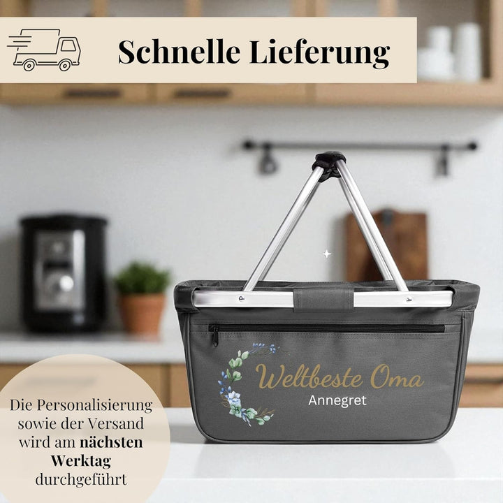 Einkaufskorb personalisiert mit Wunschtext – Geschenk für Oma mit Blumenmotiv – personalisiertes Ges