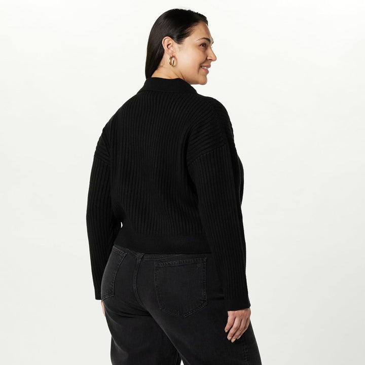 The Drop Damen Marcy Geripptes Polotop Pullover Sweater (1er Pack) M Schwarz, M Schwarz