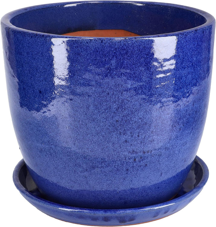 KOTARBAU® Garten Blumentopf ⌀ 31cm Keramik glasiert Kobalt mit Tropfschale, Kobalt