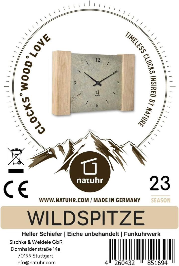 Natuhr Tischuhr Wanduhr Wildspitze Holz Eiche Heller Stein Schiefer Funkuhrwerk (Grau/Eiche unbehand