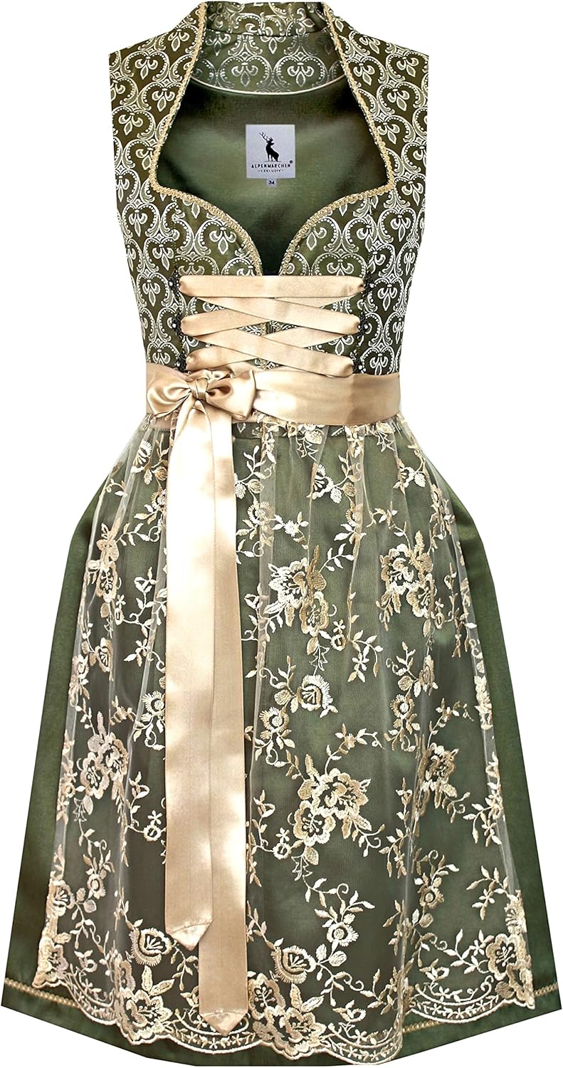 Alpenmärchen Midi Dirndl aus Exklusiver Kollektion inkl. Spitzenschürze Gr.32-54 - ALM660 34 Grün-cr