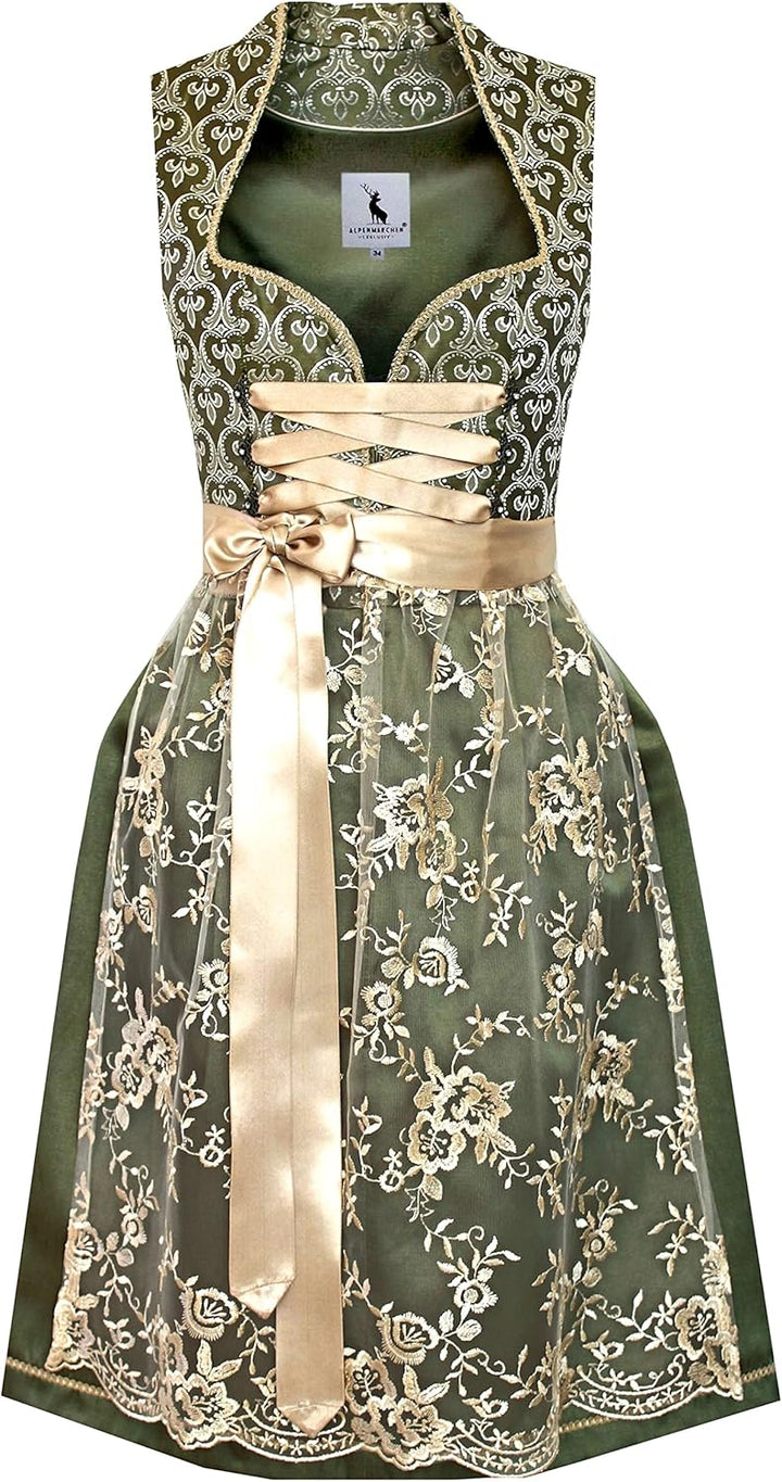 Alpenmärchen Midi Dirndl aus Exklusiver Kollektion inkl. Spitzenschürze Gr.32-54 - ALM660 34 Grün-cr
