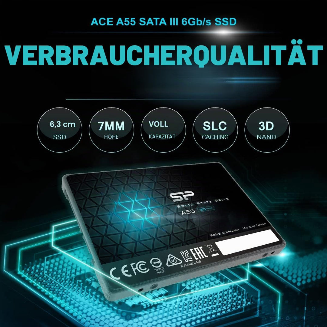 Silicon Power SP002TBSS3A55S25 SSD, 3D, NAND A55 SLC Cache, Performance Boost SATA III, 7 mm (0,28 Z