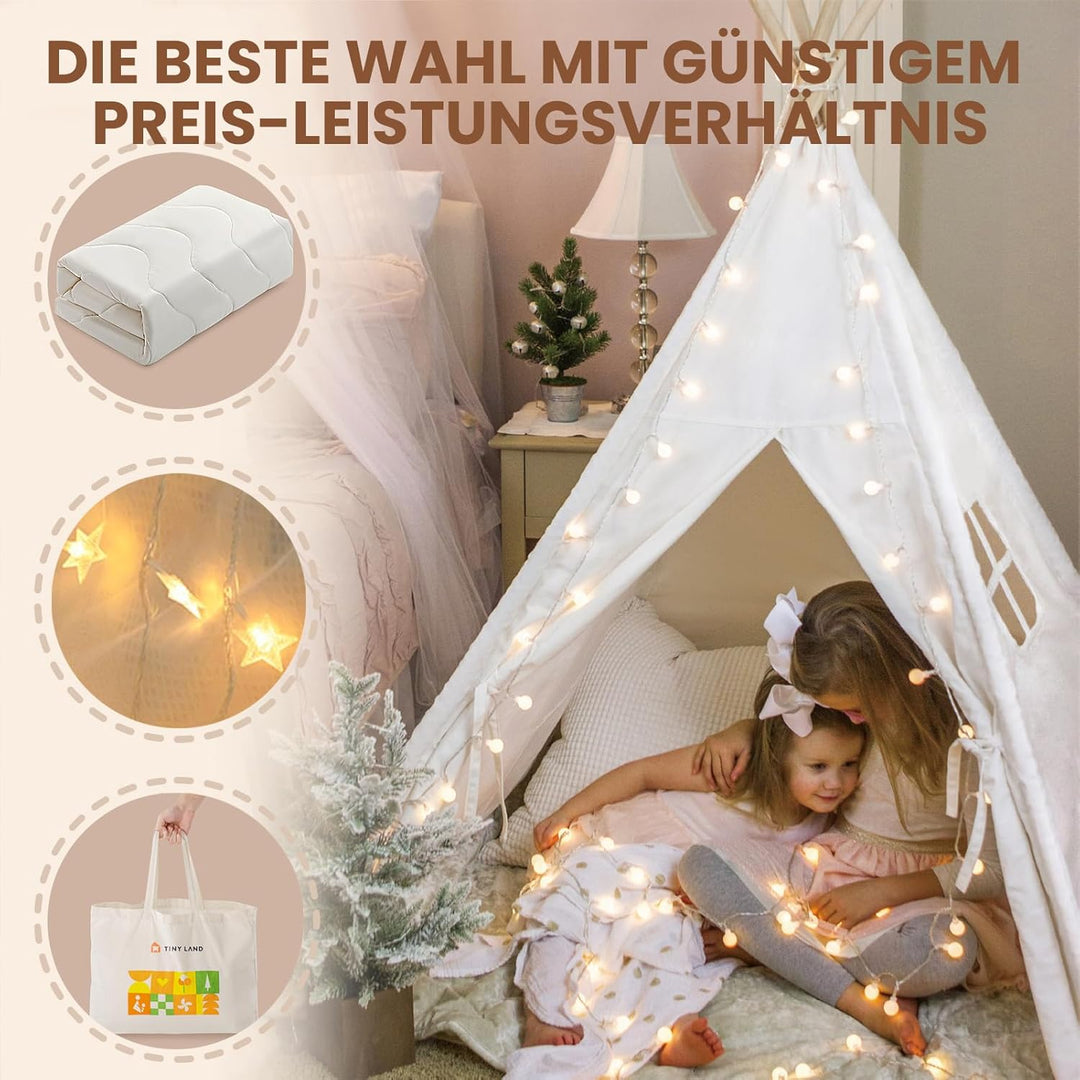 Tiny Land Tipi Spielzelt für Kinder mit Gepolsterter Decke & Lichterkette & Aufbewahrungstasche Baum