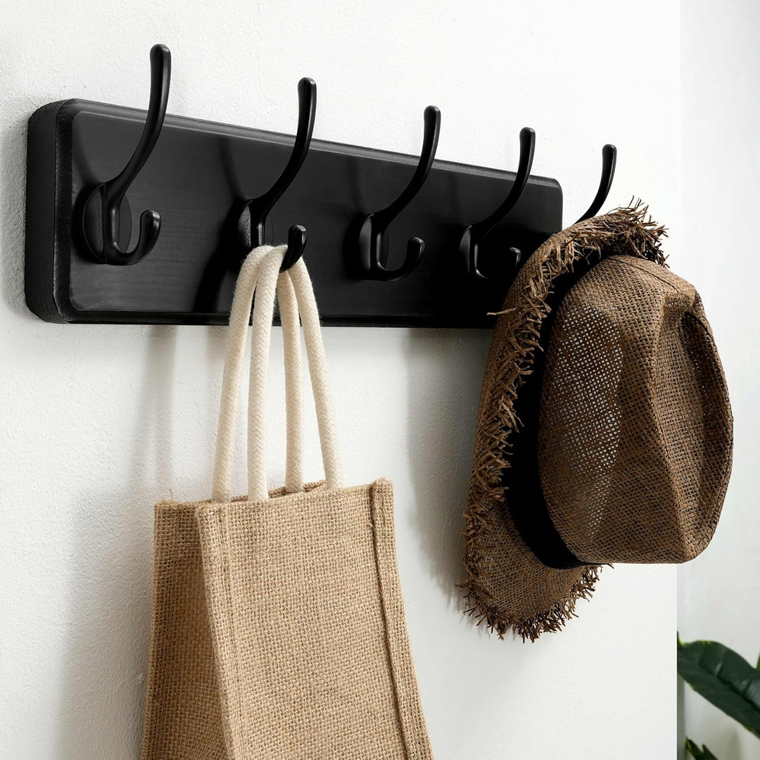 SKOLOO Garderobenleiste Holz Schwarz, 44 cm langer, hölzerner Kleiderhaken Wand, Rustikaler Stil, St