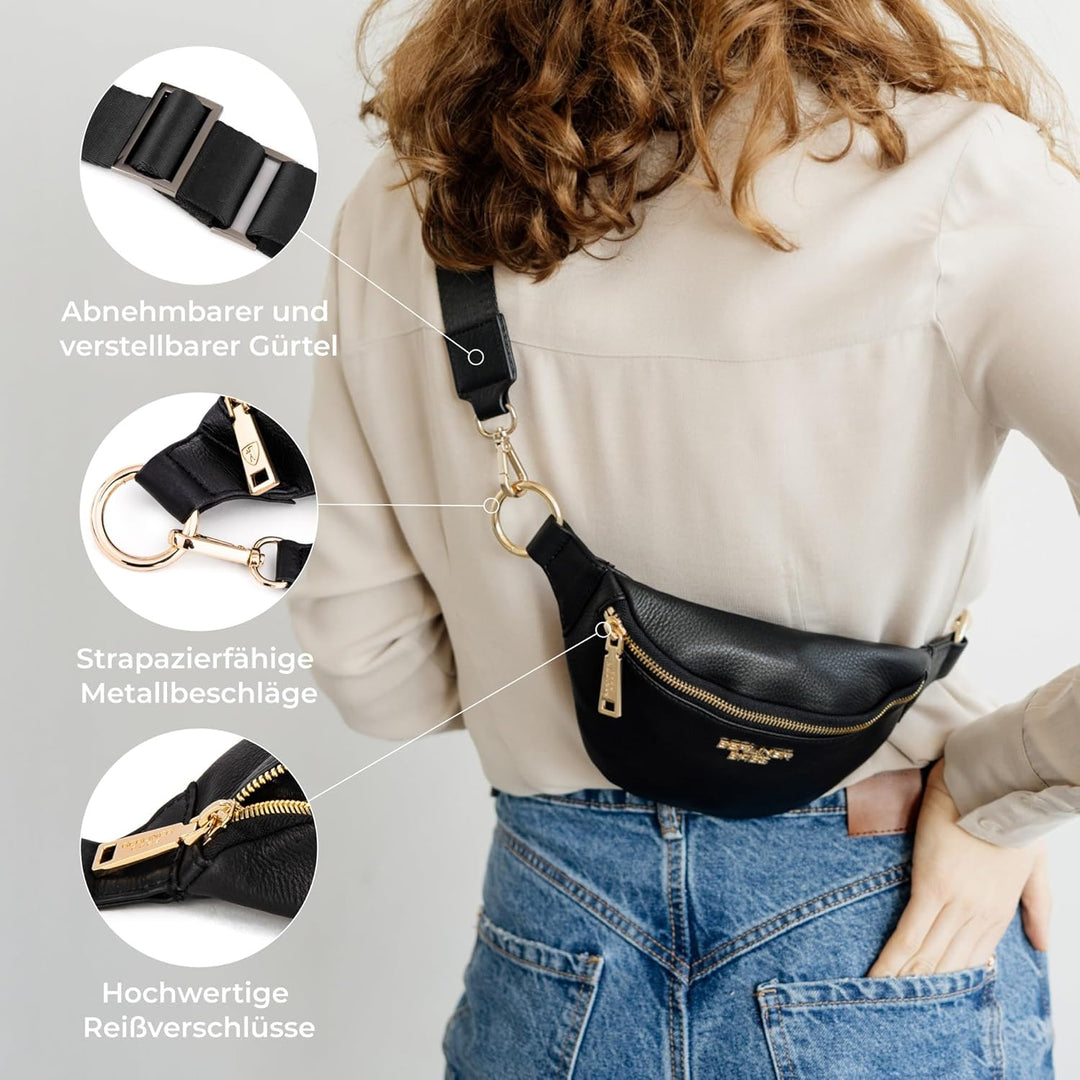 Berliner Bags Premium Bauchtasche Mona Fanny Pack aus Leder Umhängetasche Damen Herren (Schwarz/Gold