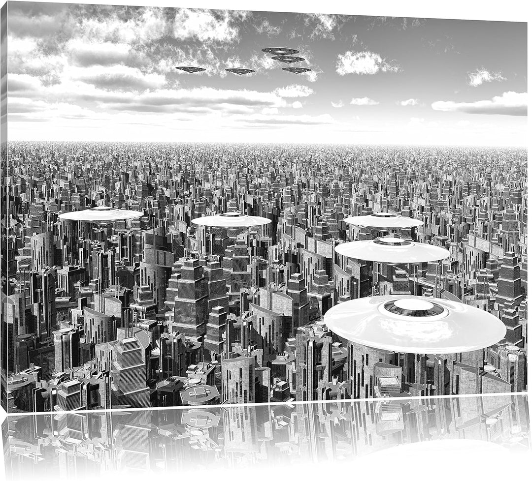 Pixxprint UFO´s über der Stadt Kunst B&W als Leinwandbild | Grösse: 100x70 cm | Wandbild | Kunstdruc