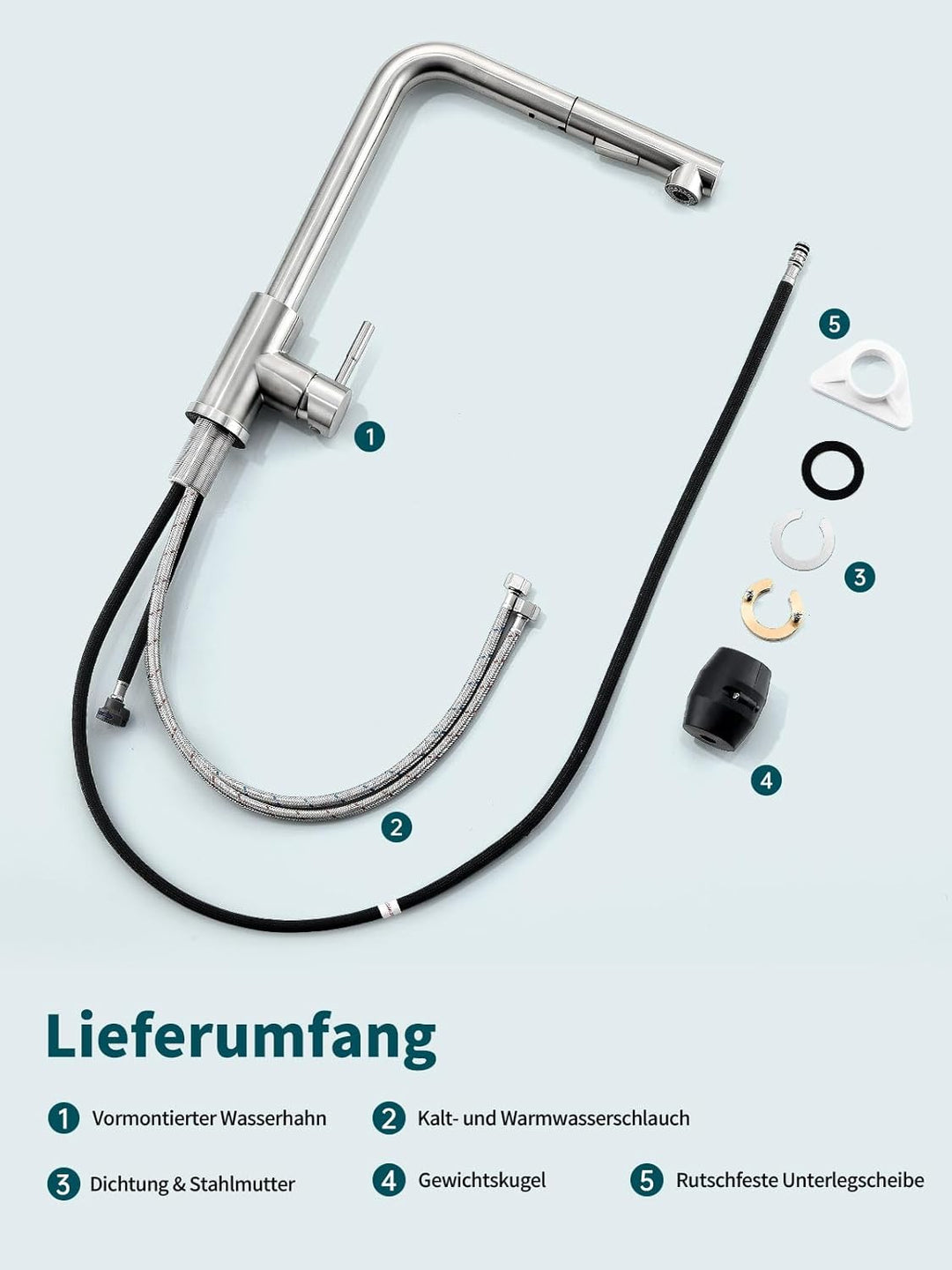 Hiqufet Wasserhahn Küche, Ausziehbare Küchenarmatur mit Sprühbrause aus Edelstahl und 2 Sprühfunktio