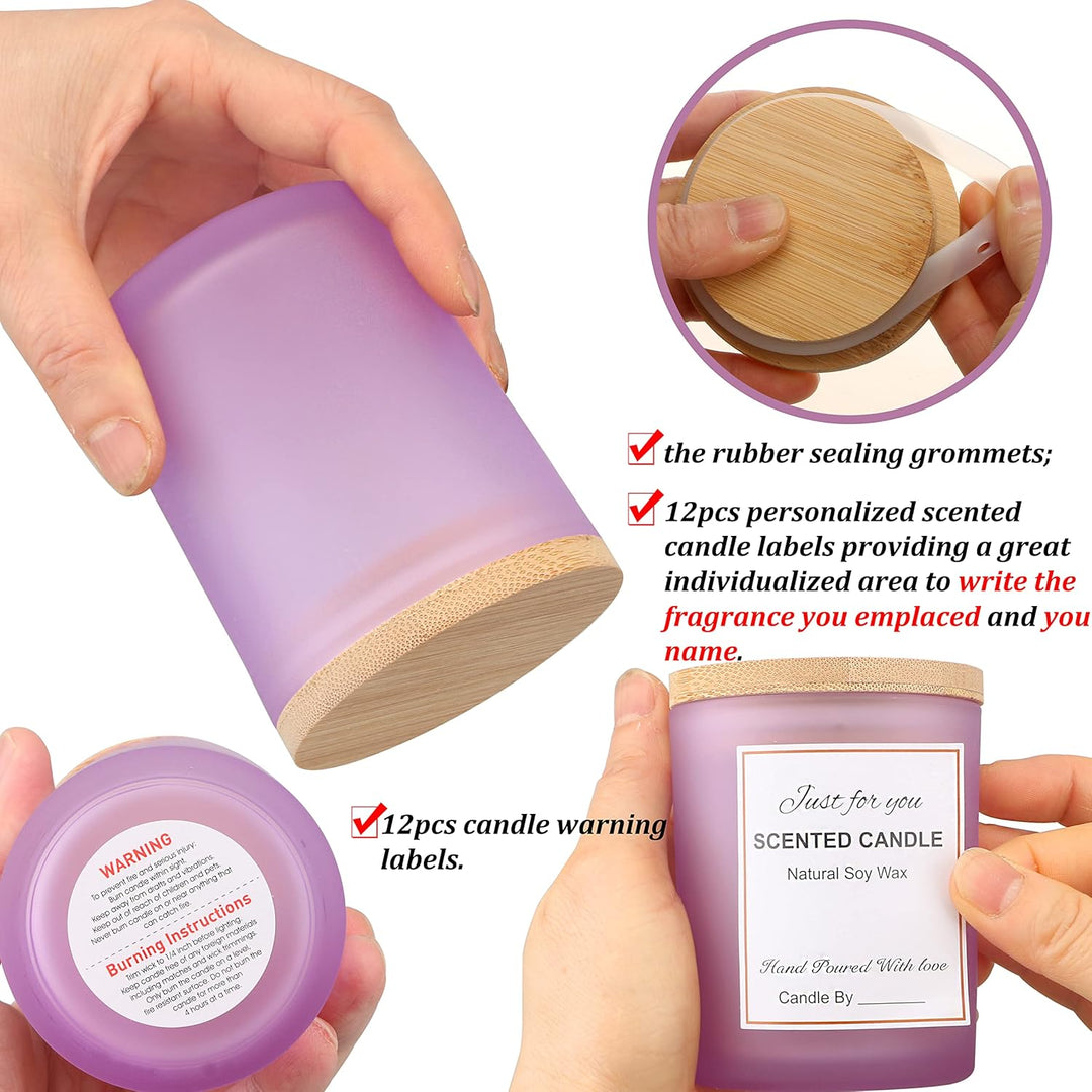 MILIVIXAY 12 Stück 284 ml matte lila Glaskerzengläser mit Deckel und Kerzenherstellungs-Kits – leere