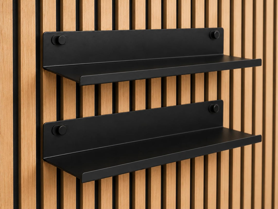 Regal für Akustikpaneele ohne Bohren – 34,4 cm, 2er-Set universell – Schweberegal Metall Schwarz – A