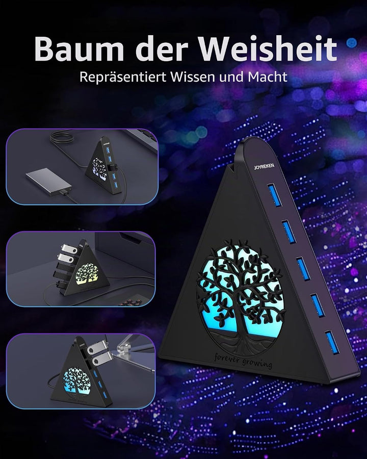 7-Port USB 3.0 Tree Hub, vertikaler USB-Hub-Splitter mit RGB-Baumbeleuchtung, 5 Gbit/s High-Speed-Da