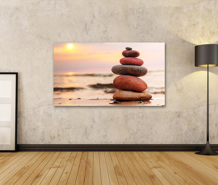 islandburner Bild auf Leinwand Steine Pyramide Ozean Bei Sonnenuntergang Zen Bilder Wandbilder Poste