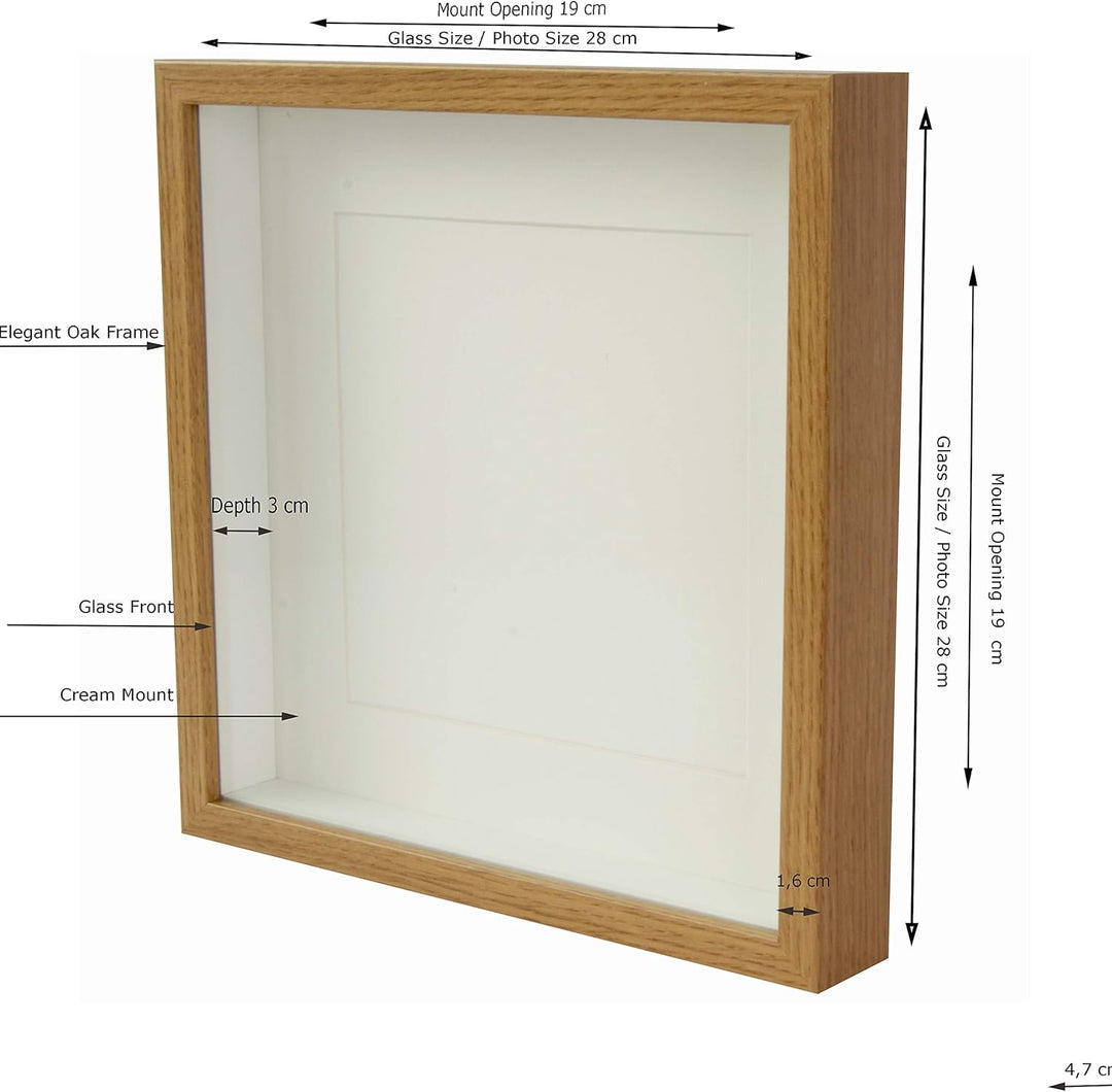 BD ART 28x28 Box 3D Objektrahmen Bilderrahmen mit Passepartout 20x20 cm, Quadratische Eiche zum befü