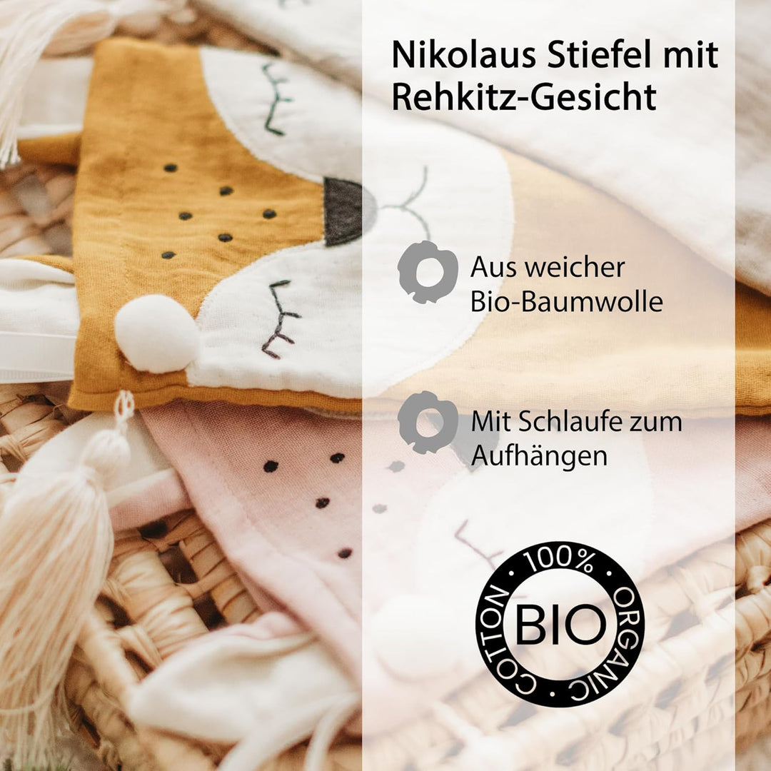kikadu Nikolausstiefel Rehkitz Rose - Aus 100% GOTS zertifierter Bio-Baumwolle, mit besticktem Rehki