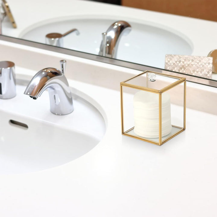 Glas Wattepad Spender Gold Wattestäbchenbehälter Wattepads Behälter Box Schmuckschatulle mit Glasdec