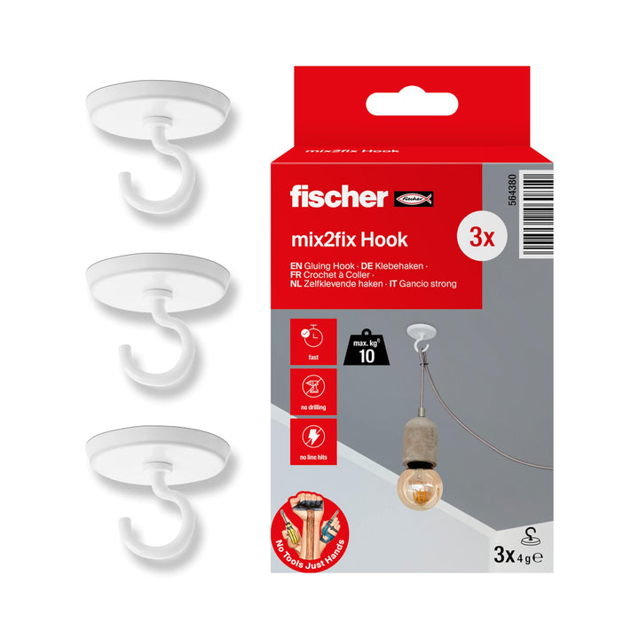 fischer Klebehaken im 3er Pack, selbstklebender Wandhaken in Weiss, praktische Aufhängung ohne Bohre