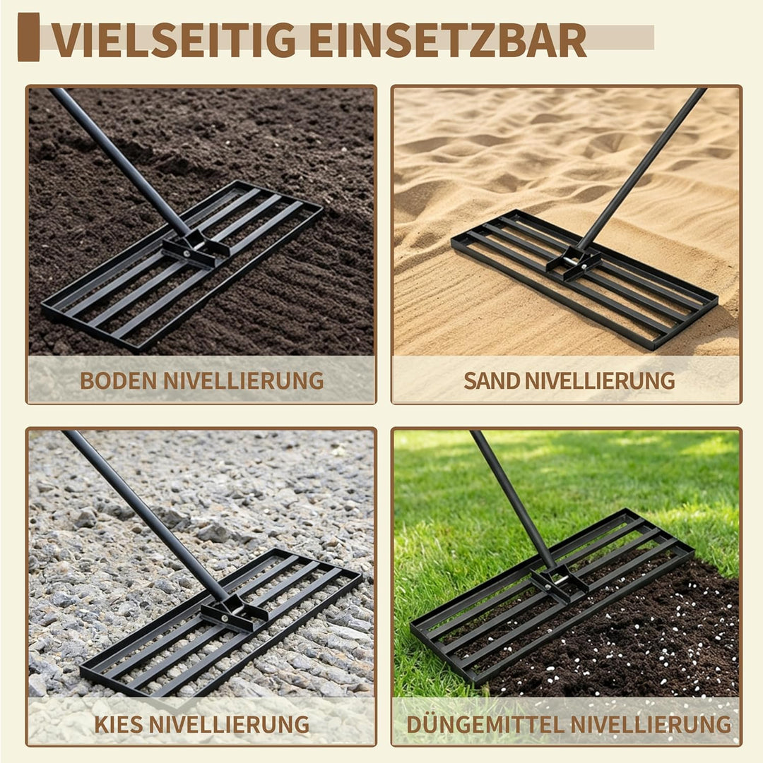 Rasen Rakel 75x25cm Rückenschonend, Rasennivellierer mit ergonomisch gebogenem 185cm Griff, Metall N